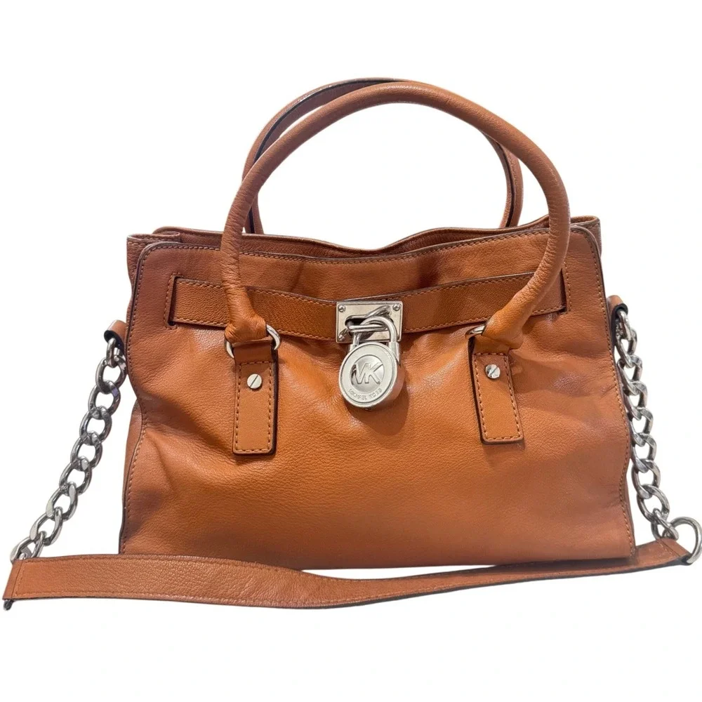 Michael Kors Hamilton Satchel Womens OS‎ Tan Luggage Pebbled Leather Silver